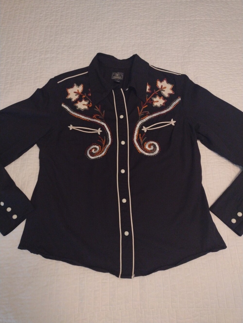 Vtg Lucky Brand Women M/L* Pearl Snap Shirt Leaf Print Western Piping Embroidery